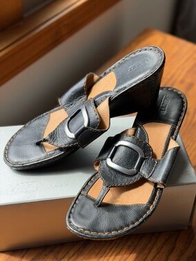 Born Black Leather Slide Sandals with Silver Buckle